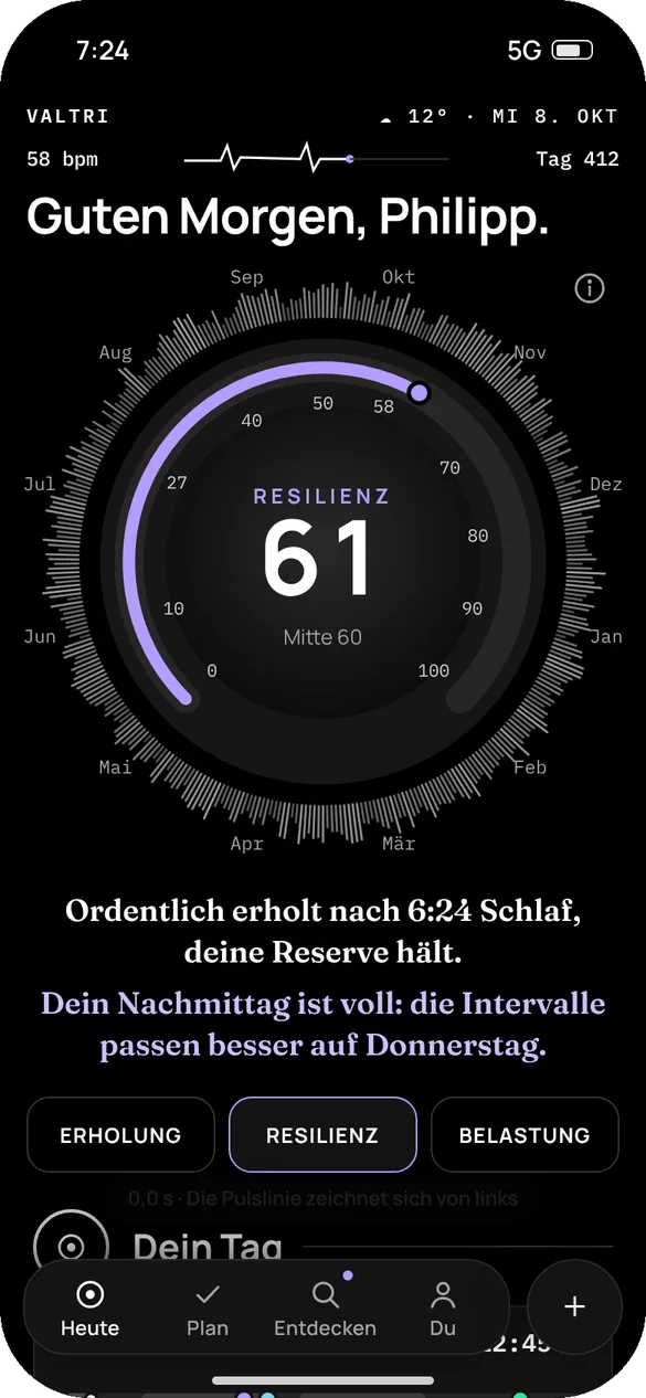 Startbildschirm von VALTRI mit Kompass und Satz des Tages