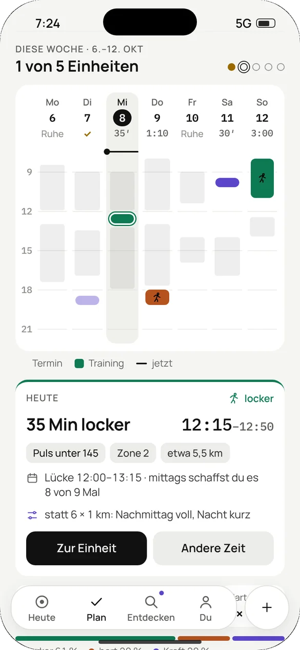 Wochenplan mit Terminen und der Einheit für heute